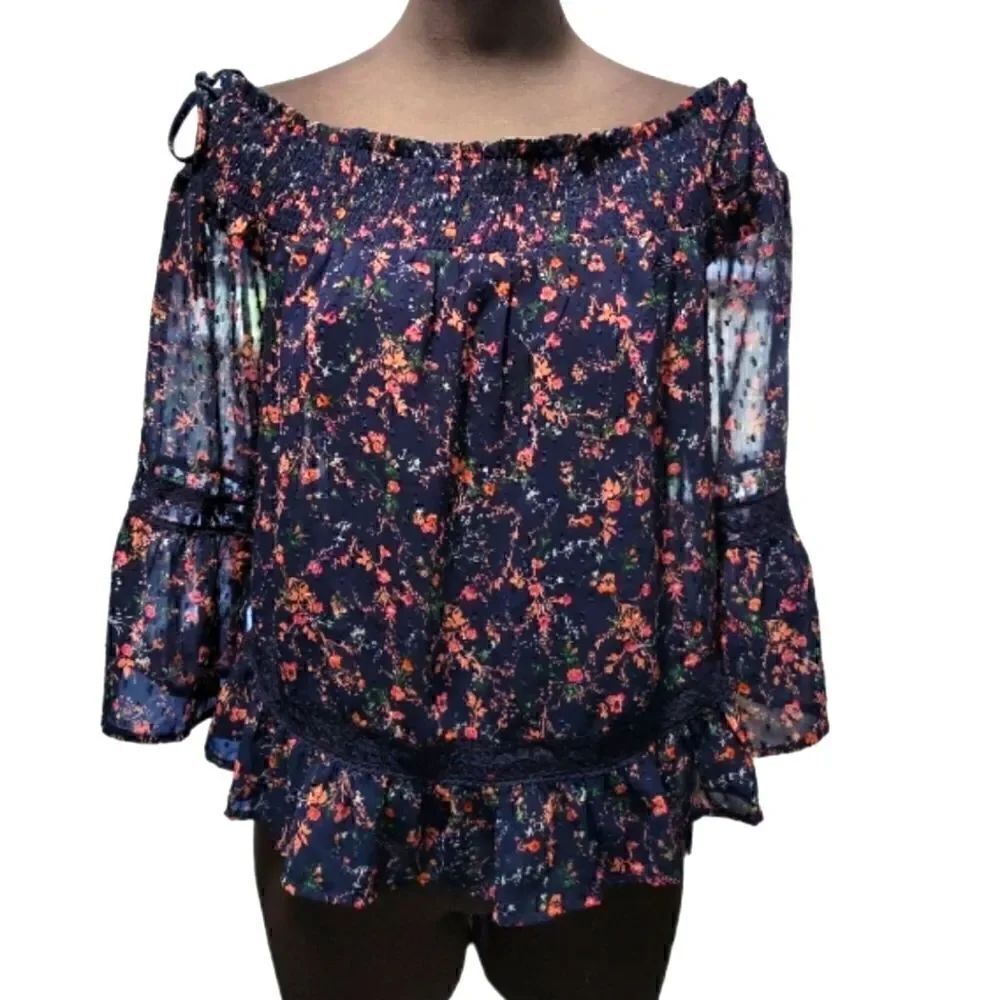 NWOT SKIES ARE BLUE OFF THE SHOULDER FLORAL BLOUSE WITH SHEER SLEEVES SZ.S